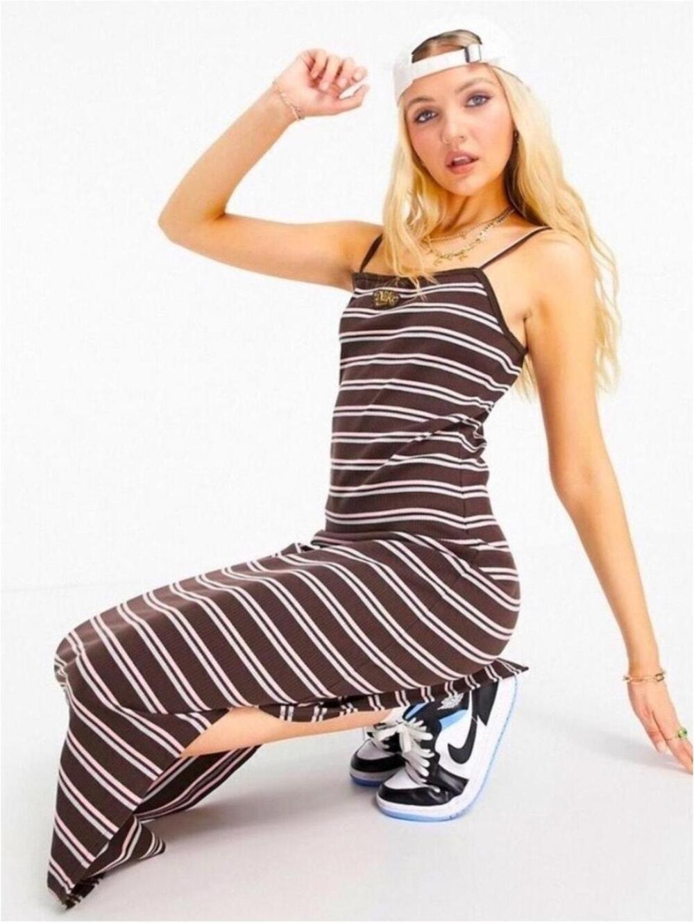 Nike Ribbed Striped Brown Pink Spaghetti Strap Maxi Dress Women’s XXL NWOT